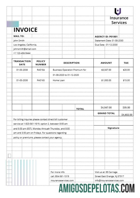 em branco Modelo de fatura de agência de seguros